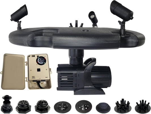 HALF OFF PONDS Floating Fountain – 1.5 HP Pond Aerator, 200' Cord – 12,500 GPH Water Pump – 11 Spray Patterns - Color-Changing LED Lights & Control Box - Large Ponds, Lakes & Water Gardens