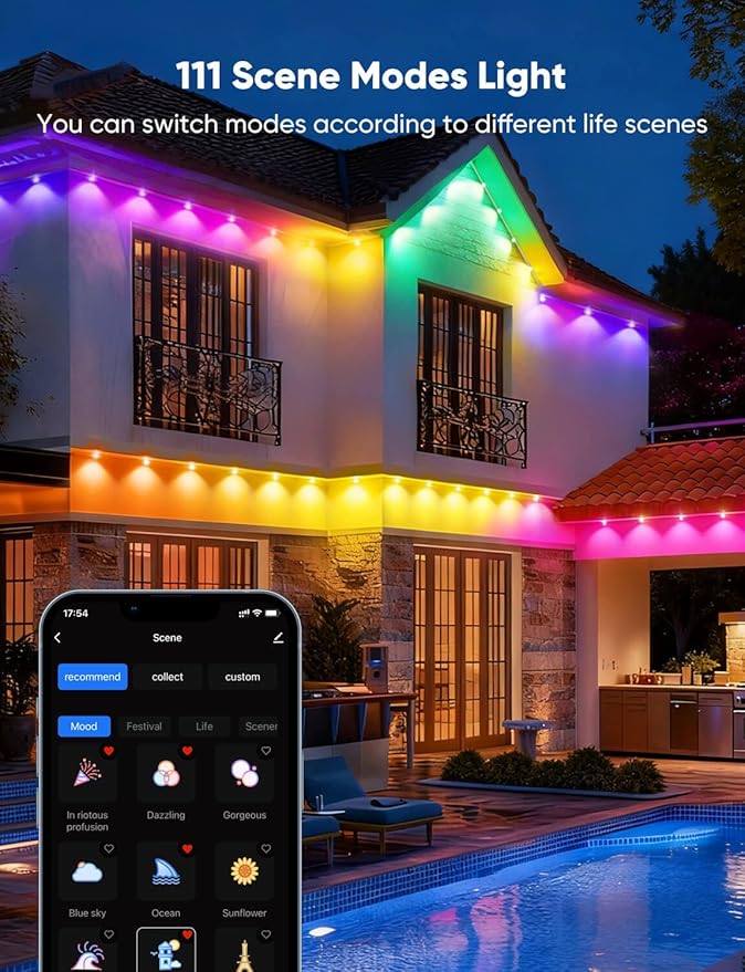 APPECK Permanent Outdoor Lights 300ft with 216 LED Lights, 108W Smart RGBW Eaves Lights, DC 36V, 40LM, IP67 Waterproof String Lights for Halloween Christmas Decor, Compatible with Alexa, White