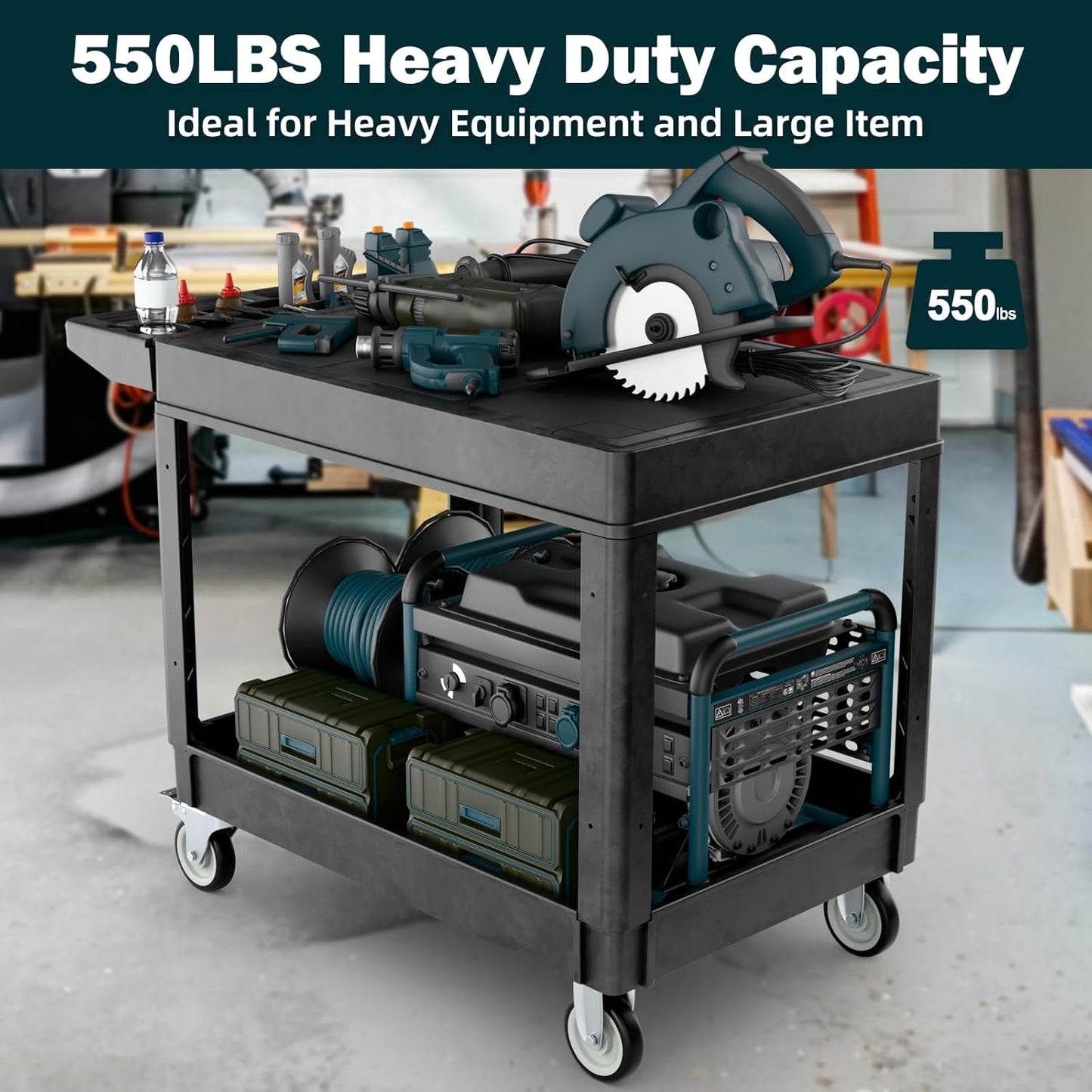 Flat Top Utility Cart Heavy Duty Flat 2 Shelf Multipurpose Cart 550LBS Capacity Service Cart with Ergonomic Handle Rolling Utility Carts with Wheels for Warehouse Garage Office Storage Transport