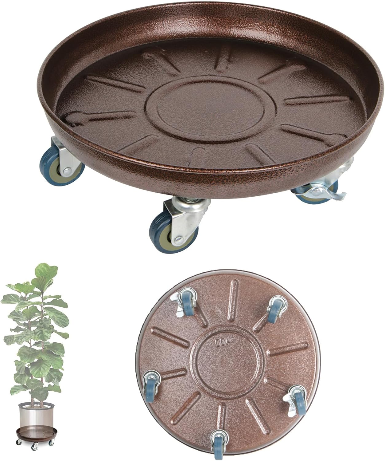 Heavy Duty Plant Caddy with Solid Rubber Wheels, Lockable, Increased Load Capacity, One-Minute Installation, Suitable for Indoor, Outdoor, Patio, Garden Settings, 14 Inches 2PACK, Brown