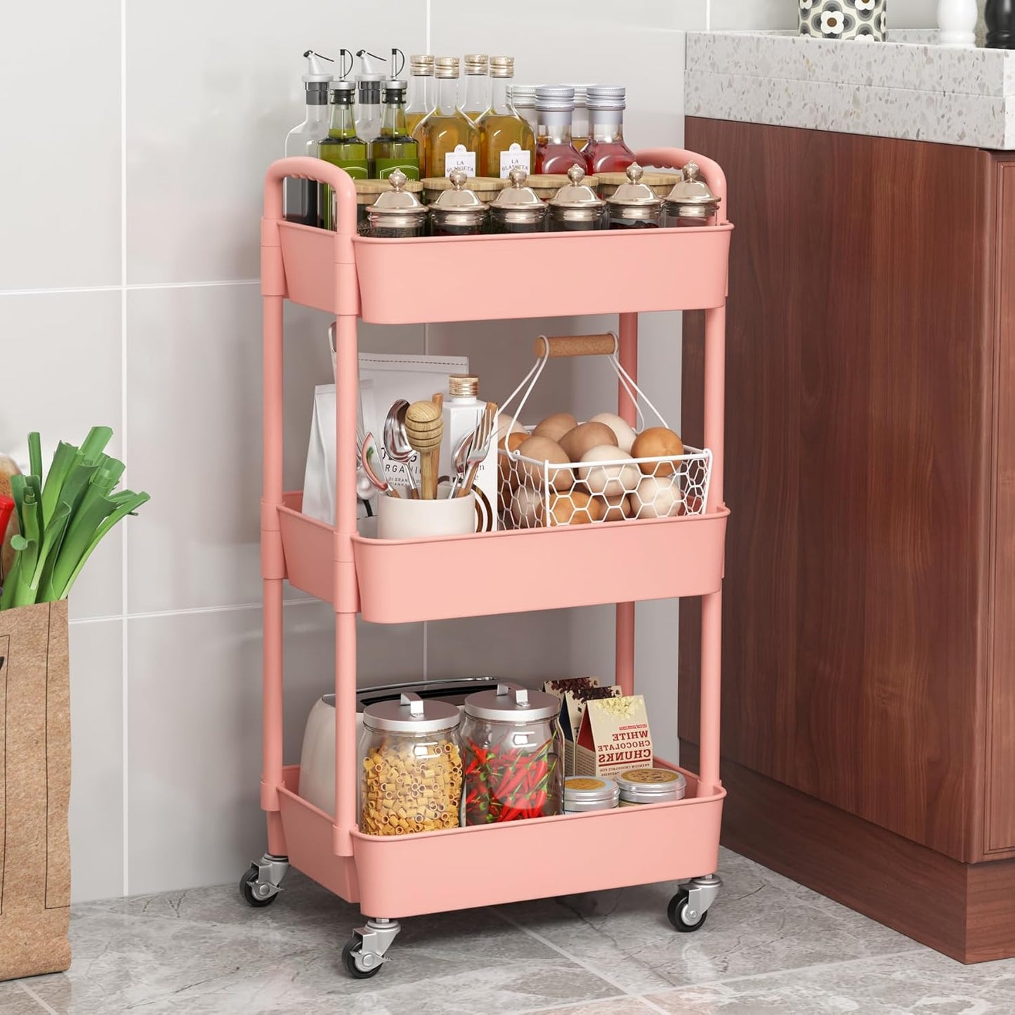 Sywhitta 3-Tier Plastic Rolling Utility Cart with Handle, Multi-Functional Storage Trolley for Office, Living Room, Kitchen, Movable Storage Organizer with Wheels, Pink