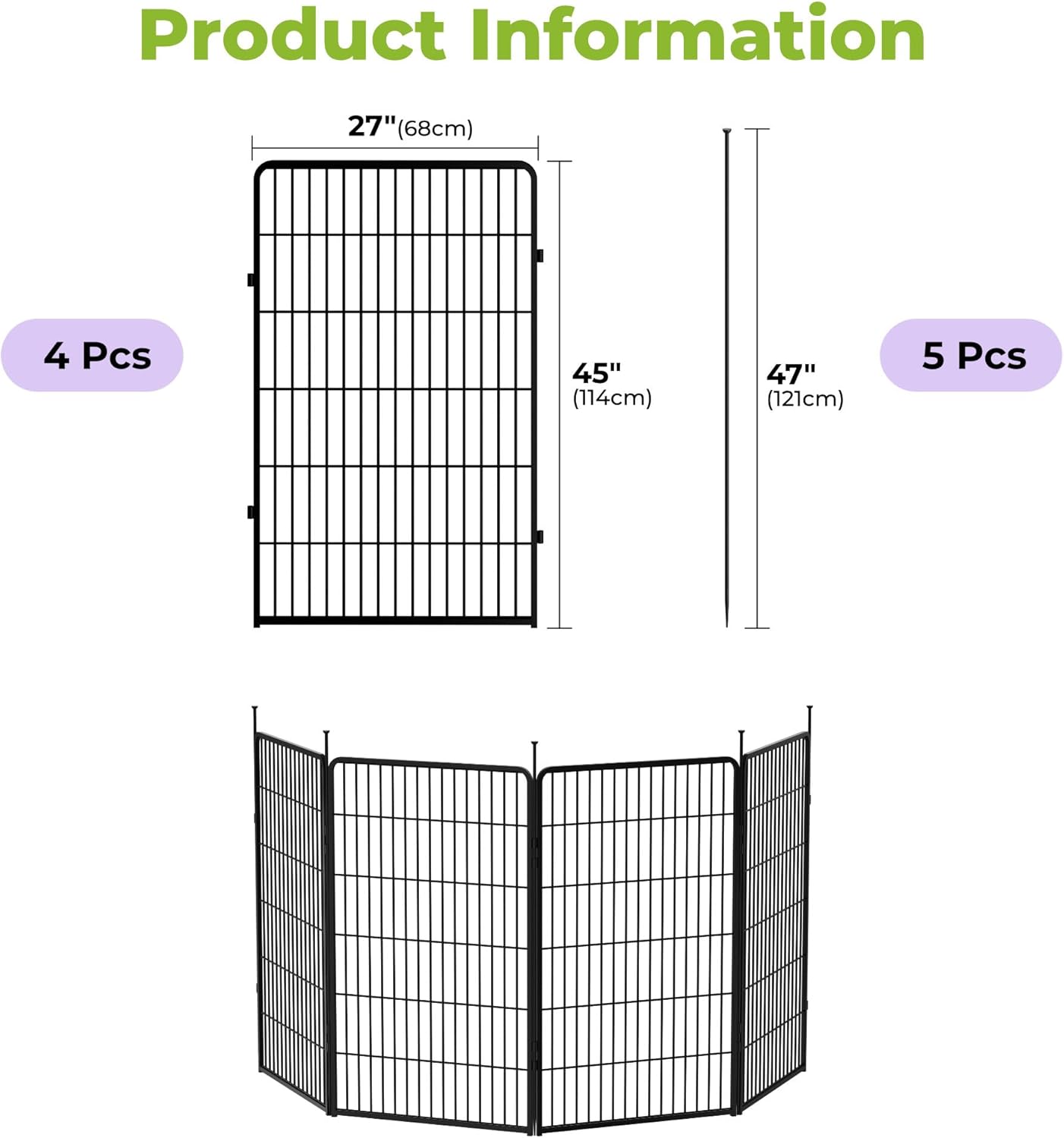 Doorless Garden Fence 45 in(H) x 8.9 ft(L) 4 Panels, Heavy Duty Metal Animal Barrier Fence, No Dig Fence for Dogs, Rabbit Fence for Garden, Black