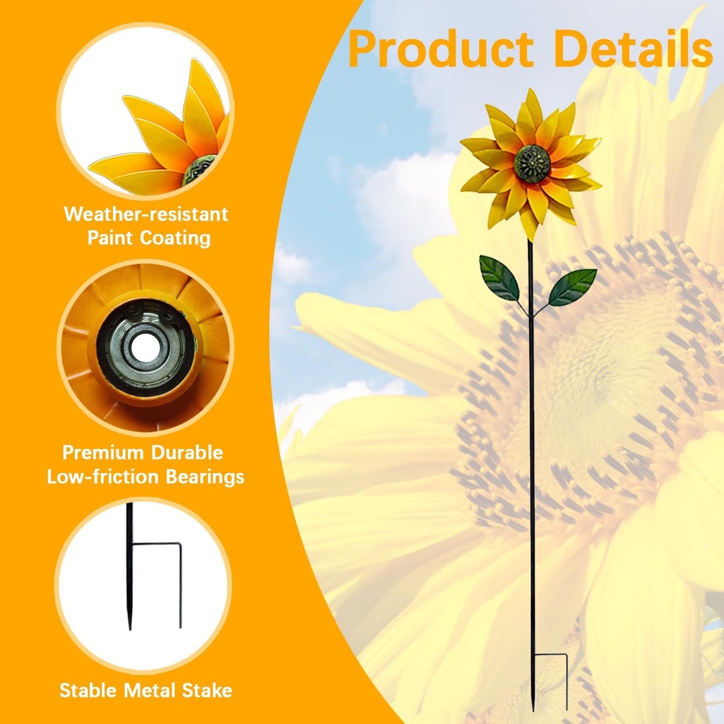 Sunflower Wind Spinner Outdoor, Metal Wind Sculptures with Stake, Outdoor Windmill Flower Pinwheels Decorations for Yard Garden Lawn Patio Decor 46 * 10 inchs