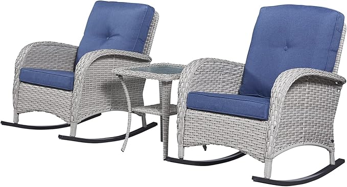 HUMMUH Patio Wicker Rocking Chairs Set of 2 Rattan Outdoor Rocking Chairs for Front Porch Garden Backyard Lawn Balcony Weather Rocker Chair with Side Table