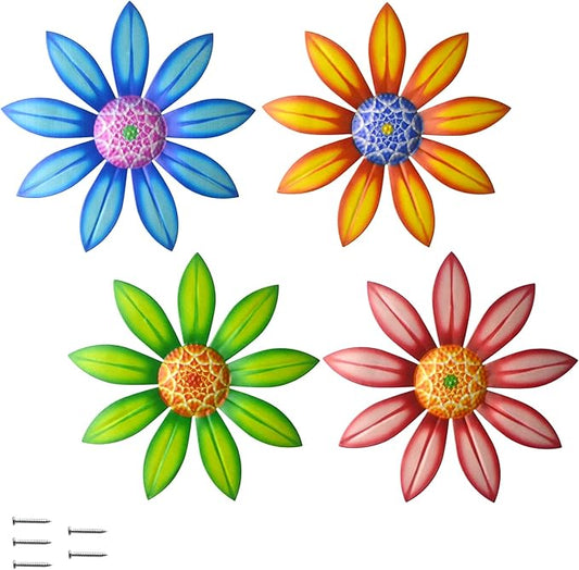 Gooyule Metal Flower Decor, 4 Pack Metal Flowers Wall Decor Colorful Flower Wall Art 6.5" Metal Floral Wall Decor Indoor Outdoor Hanging Wall Decor Metal Wall Decor Set for Home Office Garden Yard