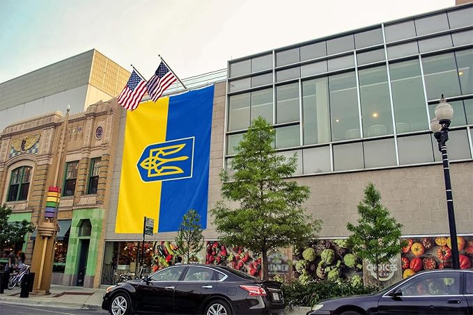 Ukraine Trident Extra Large Flag 12x18FT Giant Ukrainian Coat of Arms National Polyester Banner With 5 Grommets Fade Resistant Vivid Color For Patriotic Festival Events Party Decoration
