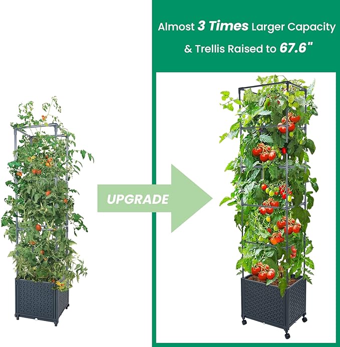 GREEN MOUNT Raised Garden Bed Planter Box with Trellis for Climbing Vegetables Plants, 67.6" Outdoor Tomatoes Planters Tomato Cage w/Wheels