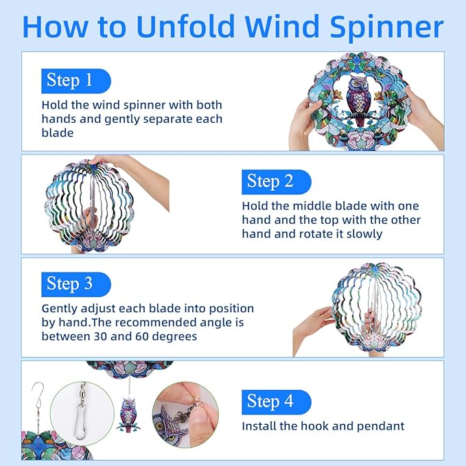 Wind Spinners Outdoor, FACIACC Owl Metal 3D Hanging Garden Decor, 12-inch Stainless Steel Wind Spinner with Tail Spinner, Wind Sculptures for Indoor Patio Lawn Yard, Ornament Gift for Women/Men