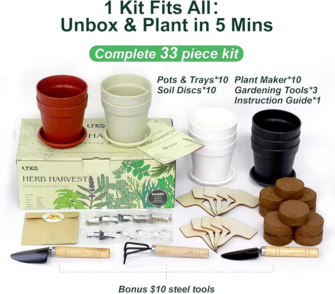 10 Indoor Herb Garden Kit, 33pcs Complete Kitchen Herb Starter Set Including 4-Color Pots, Soil & Tools, Unique Gift Ideas for Plant Lovers, Women, Men, Mom, Friend, Birthday, Housewarming, Christmas