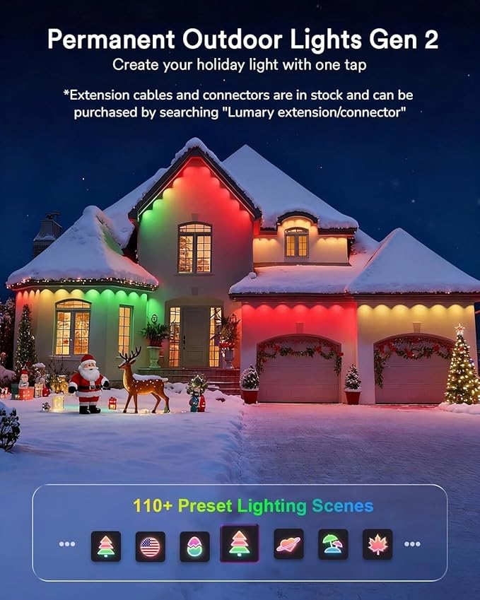Lumary Permanent Outdoor Lights 2 with Remote for House, 200ft with 120 RGBAICW LEDs 7200lm for Home Daily & Accent Lighting, 110+ Scenes for Christmas Decor, IP67 Waterproof, Work with Alexa Google