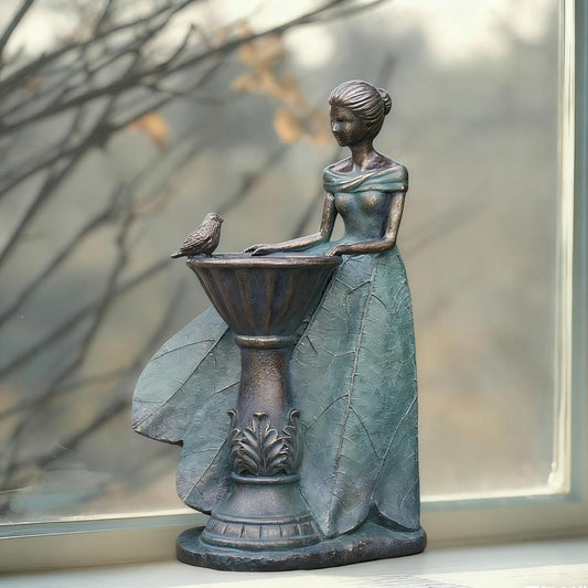 DiliComing Fairy Outdoor-Statues Garden-Decor with Solar - 12 Inch Resin Leaf Girls Birdbath Sculpture Waterproof Outdoor Decor for Patio/Yard, Unique Bird Feeder Figurines Home Decor Gifts for Women