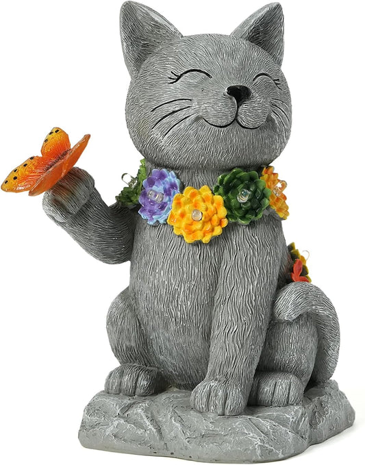 Outdoor Solar Cat Garden Statue - with LED Flower and Butterfly Statue Light, Suitable for Lawn Decor, Porch, Yard Decorations Outdoor, Birthday Gift for Women