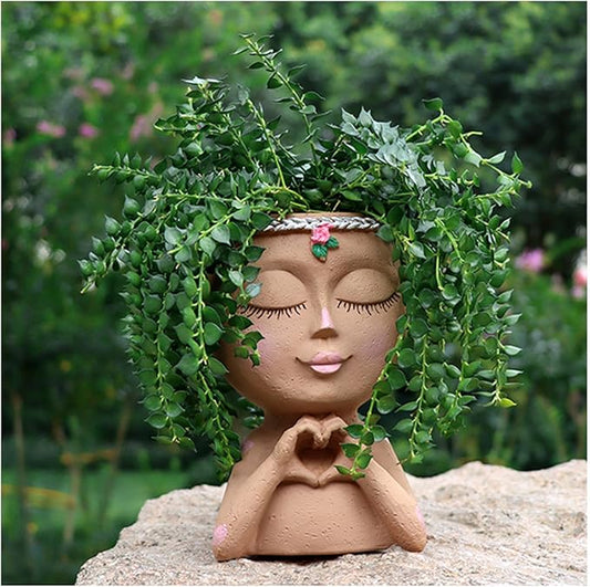 Meltset Face Planters Pots Head Unique Face Flower Pot Head Planter for Indoor Plants Cute Small Succulent Pots Indoor Plant Pot with Drainage,Great Gift (Brown Lady)