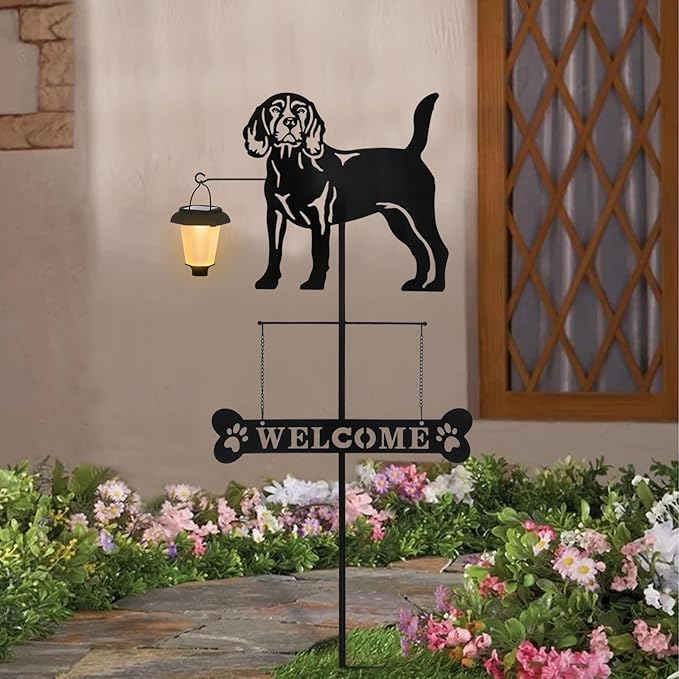 BAYN Solar Beagle Silhouette Dog Breed Welcome Sign with a Lantern Outdoor Decorative Garden Stakes for Yard, Lawn, Patio, Pathway