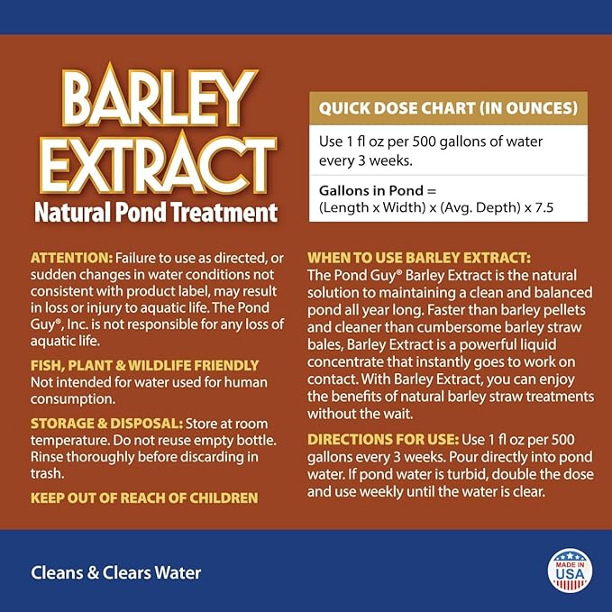 The Pond Guy Barley Extract Natural Liquid Treatment for Ponds and Water Gardens, Safe for Koi Fish and Plants, Natural Solutions for Clear Pond Water - 1 Gallon