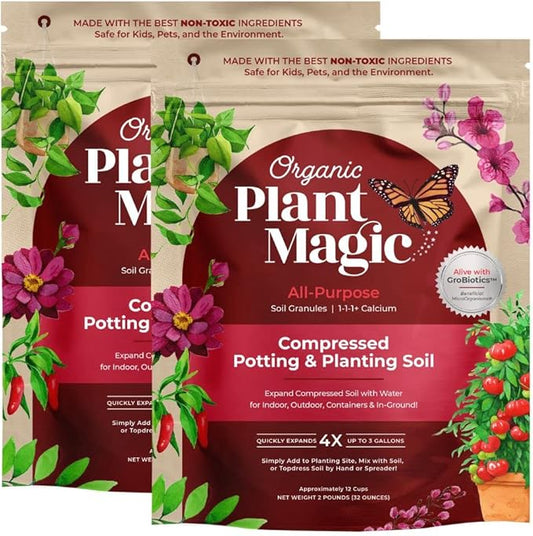 Compressed Organic Potting Soil: 100% Organic, Expands Up to 4X with Water, Nutrient-Dense Plant Food Derived from Worm Castings, Types of Plants, Kid & Pet Safe (Two 2 lb Bags)