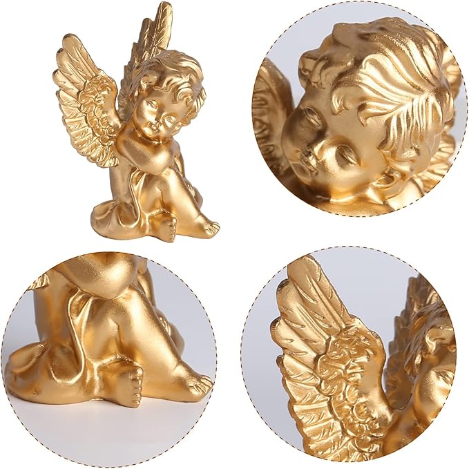 orenm 2 Pack Resin Cherubs Gold Angel Statue Figurine, Garden Sleeping Cherub Statue Sculpture Indoor Outdoor Home Decoration, Cute Adorable Angle Sculpture Memorial Statue(4" Height) (Gold)