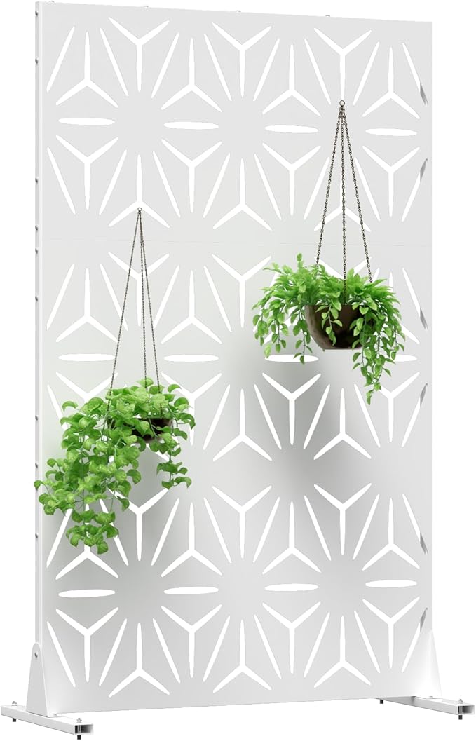 Metal Privacy Screen for Outdoor Freestanding Privacy Screens, 72" H x 44" W Patio Metal Fence Panels with Stand, Portable White Screens for Outside Deck Balcony Garden and Indoor