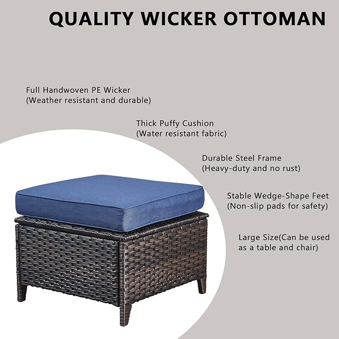Rilyson Wicker Outdoor Patio Furniture Set - 6 Piece Patio Conversation Sets with Swivel Rocker Chairs, Ottomans, Sofa and Side Table, 6 inch Cushions, Waterproof Wicker, for Porch Deck Brown/Blue