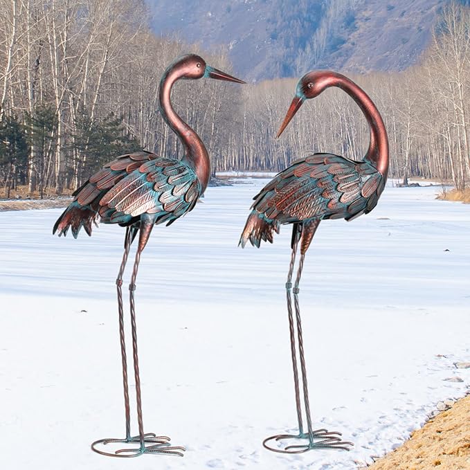 chisheen Crane Garden Statues Outdoor Yard Decorations Metal Heron Yard Art Bird Sculpture Decor for Outside Lawn Patio Large Size, for Women Mom,Set of 2