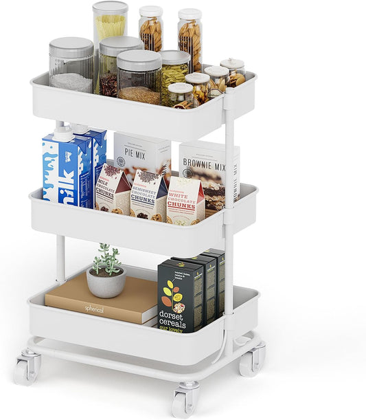3-Tier Modern Metal Rolling Utility Cart with Silent Casters, 15.35x11.81x23.74 inch Heavy Duty Organizing Cart Trolley Organizer for Office, Living Room, Kitchen，(White)