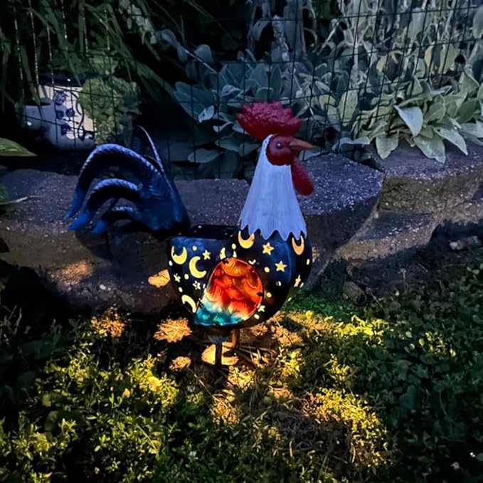 LIFFY Solar Rooster Outdoor Decor,18" Metal Rooster Yard Decor with LED Lights,Chicken Home Decorative Ornaments,Garden Statues for Outside Patio Backyard Landscape Lawn
