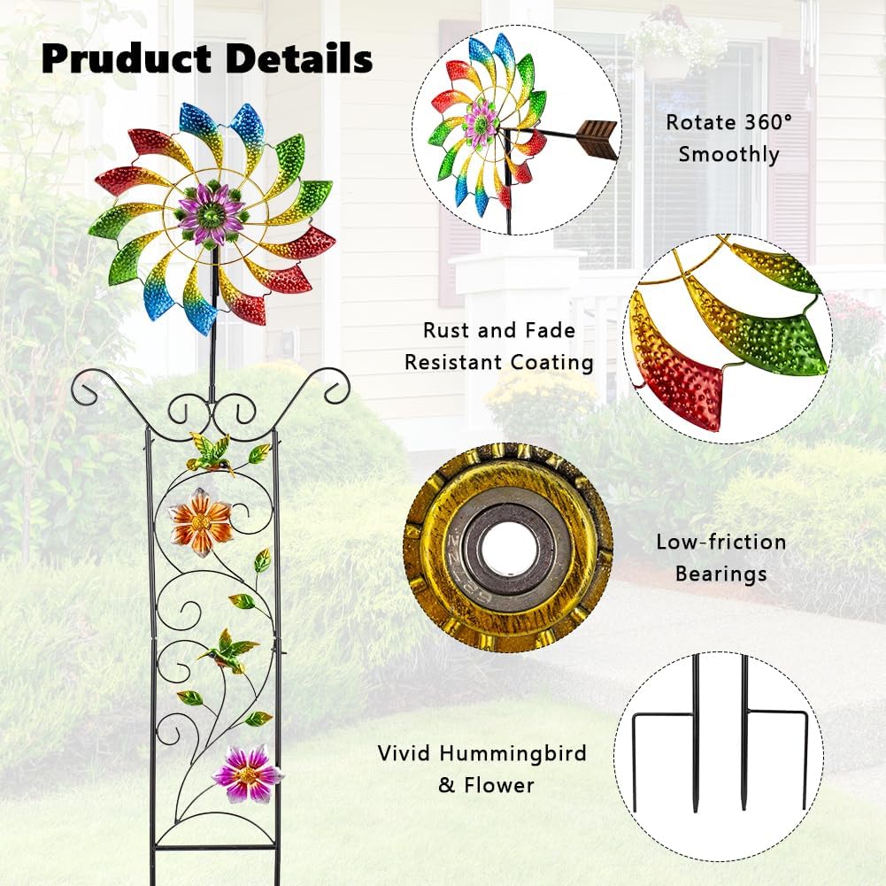12.8” Wind Spinners Outdoor,Waterproof Wind Spinners for Yard and Garden,Kinetic Wind Spinner with Weather Vane,Yard Art Wind Sculptures & Spinners,Metal Muti-Color Pinwheels for Lawn Patio