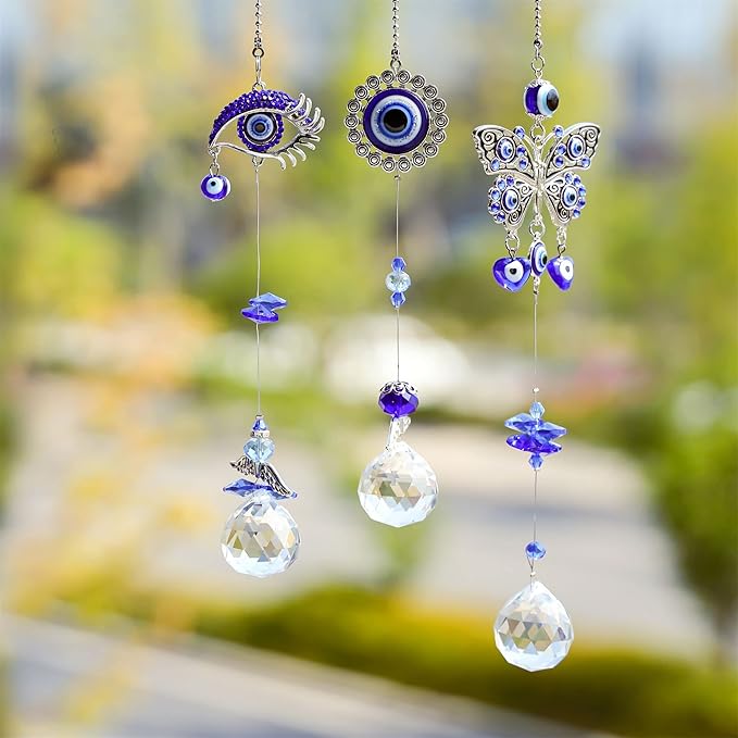 3pcs Evil Eye Suncatchers with Crystal Prism Balls Window Hanging Decoration Ornament Sun Catchers Rainbow Maker Pendant