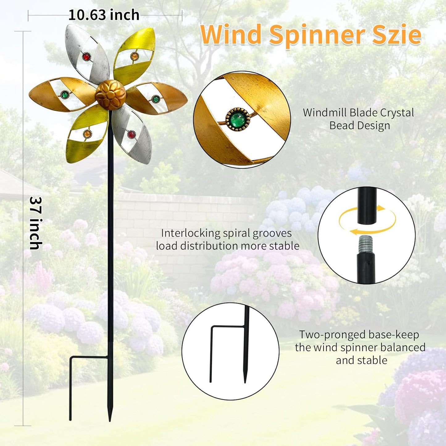 Wind Spinners Outdoor Metal, 10.63" W*37" H Pinwheels for Yard and Garden Decor, Kinetic Wind Sculpture Spinner (Gold Ornate Crystal Bead)