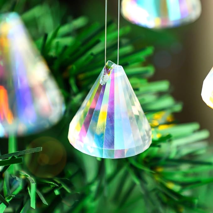 HDCRYSTALGIFTS 12pcs 38mm Crystal Faceted Prisms Suncatchers for Window Hanging AB Colored Crystals Diamond Prisms Sun Catchers Home Garden Christmas Ornament