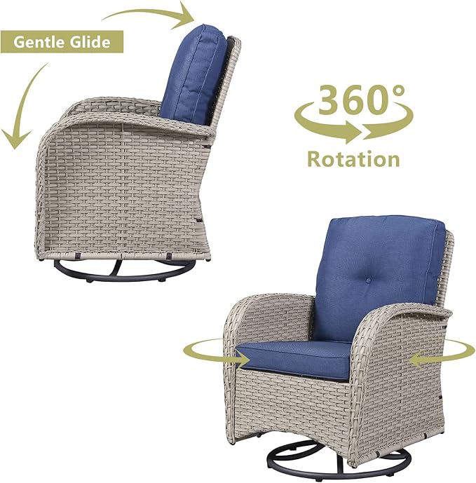 HUMMUH Swivel Patio Chair 3 Piece PE Wicker Patio Furniture Set with Rocking Chairs and Side Table Outdoor Bistro Set for Porch,Garden,Deck,Poolside