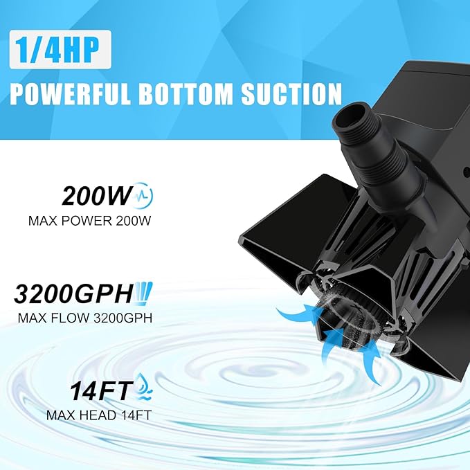 3000GPH Pond Pump - 200W Submersible Water Pump with Barrier Bag, Ultra Quiet Aquarium Pump with 33FT Power Cord for Pond, Waterfall, Fish Tank, Statuary, Hydroponic, Black