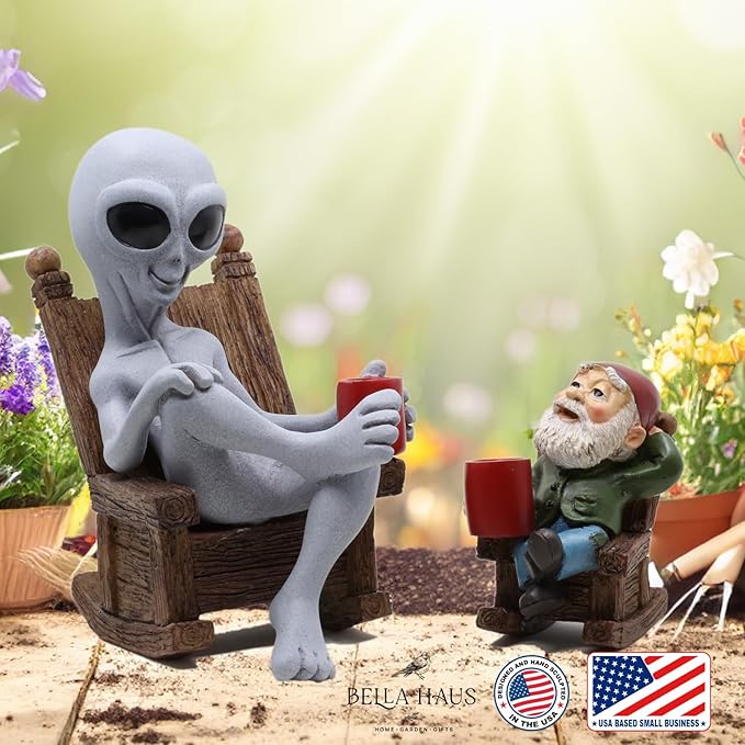 Andre' & Fritz | Celebrating Friendship with a Morning Cup of Coffee | Whimsical Extraterrestrial Outdoor Decor | Garden Statue 2pc Resin Set 6.25”/ 3.50” Tall (Coffee with Friends)