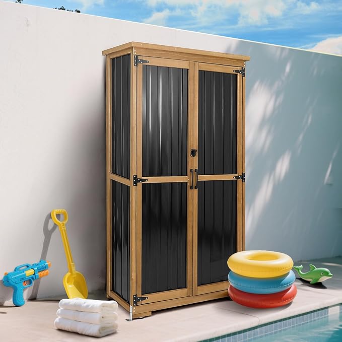 Outdoor Storage Cabinet with Shelves Outside Storage Shed Weather-Resistant with Waterproof Roof, Patio Pool Garden Garage Storage Cabinet Tool Organizer