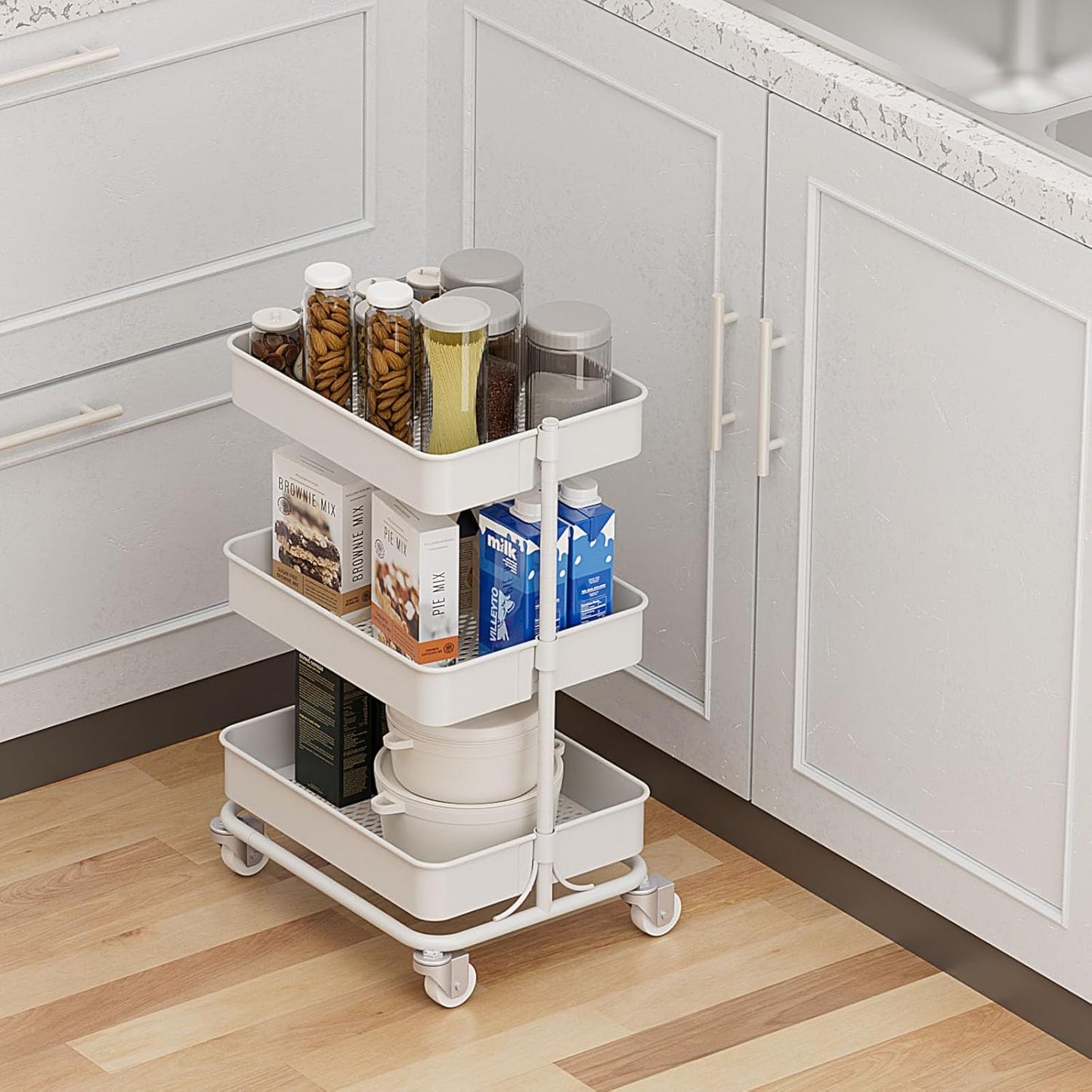 3-Tier Modern Metal Rolling Utility Cart with Silent Casters, 15.35x11.81x23.74 inch Heavy Duty Organizing Cart Trolley Organizer for Office, Living Room, Kitchen，(White)