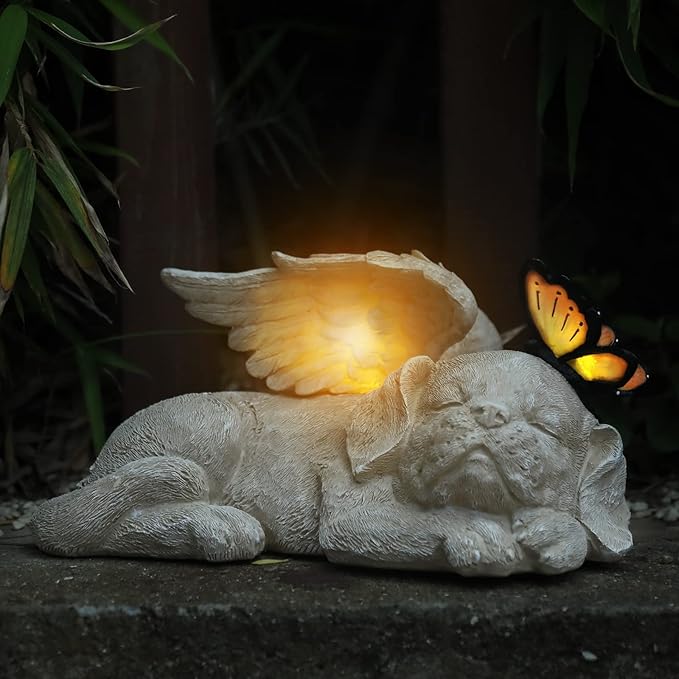 WONDER GARDEN Sleeping Dog Angel Statue with Solar Light - Pet Memorial Stone, in Memory of Dog, Marker Tribute Statues, Resin Guardian Angels, Bereavement Gift