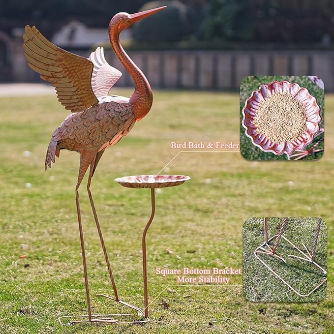 Crane Garden Statue with Birdbath, 40'' Heron Garden Statue, Crane Metal Yard Art for Outside, Backyard, Lawn, Porch Decor