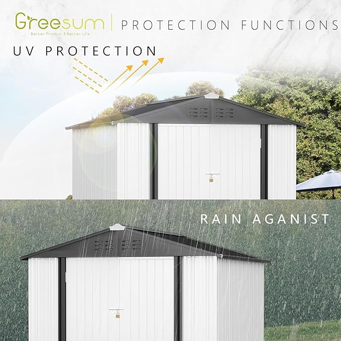 Greesum 8x6FT Outdoor Storage Shed, Utility Tool Shed Metal Storage Garden Shed with Door & Lock for Patio Storage, White