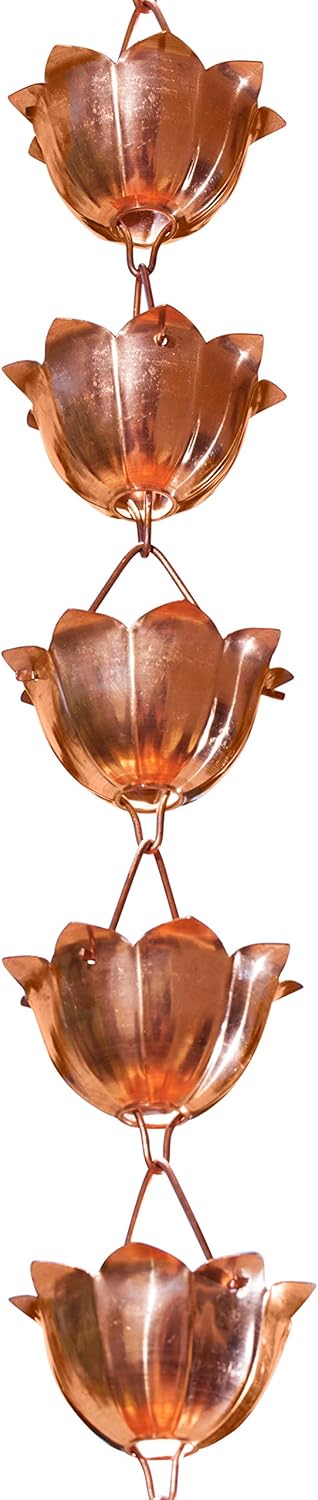 Monarch Rain Chains Pure Copper Lotus Cup Rain Chain Extension, 3 ft Copper Decorative Rain Catcher Chain for Gutters, Rain Gutter Extension Downspout