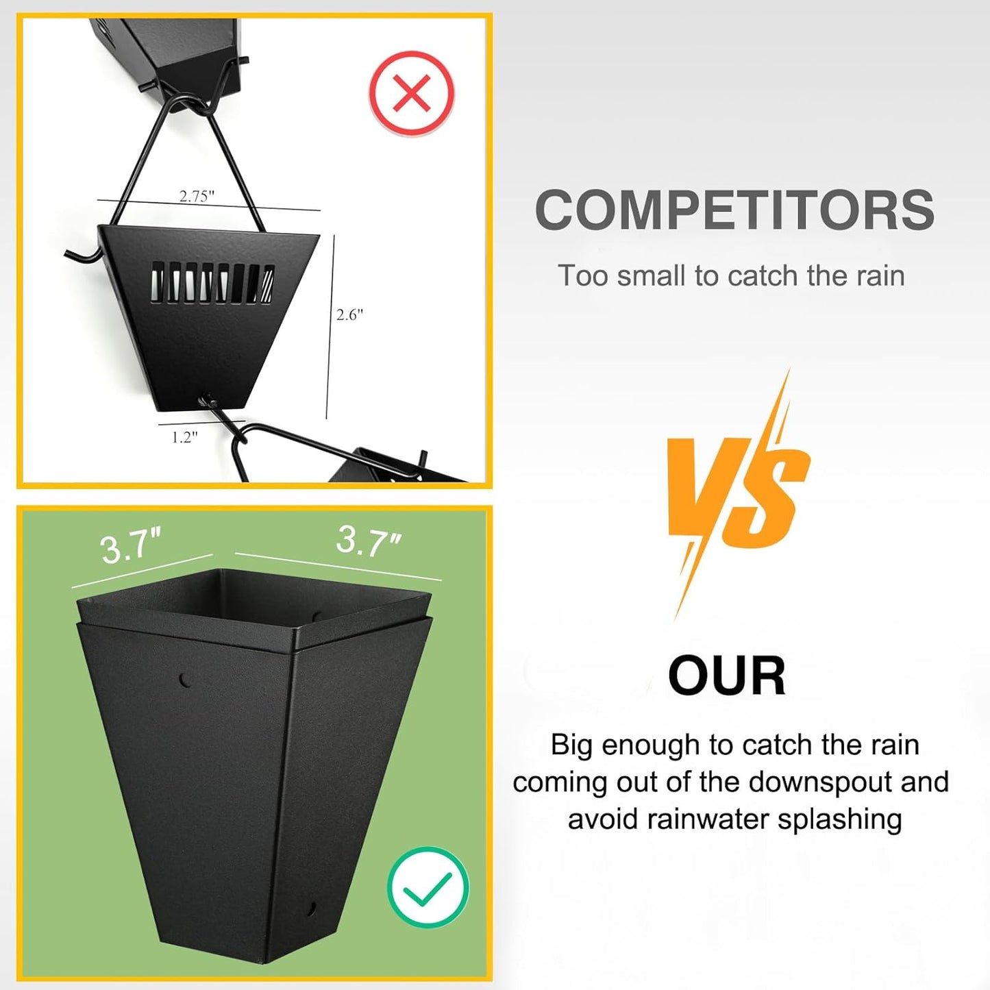 TE DEUM Square Link Rain Chain, 8.5 Feet Length, 3.7inch Big Size Cup, Black Powder Coated, Functional and Decorative Replacement for Gutter Downspouts, V Gutter Clip Included, Black