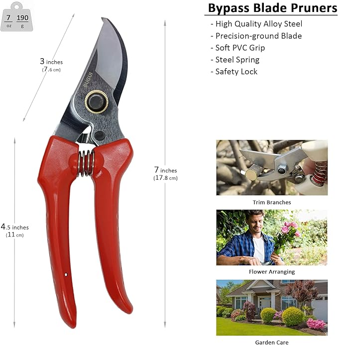 7" Small Pruning Shears Garden Shears - Premium Alloy Steel Bypass Pruner, Precision-ground Blades, Heavy Duty Gardening Tools, Red