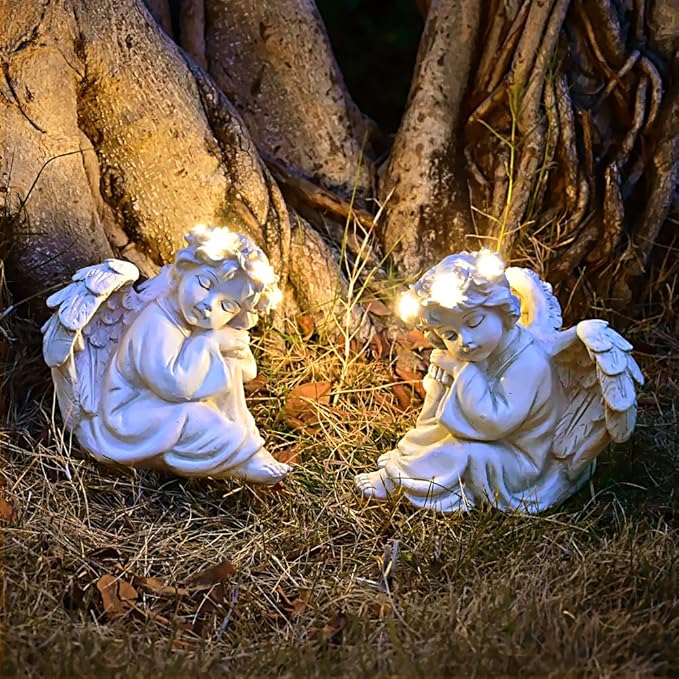 Angel Statue Garden Decor for Outside Solar Outdoor Decorations Patio Cherub Christmas Yard Porch Home Lawn Art Light up Figurine Memorial Sculpture Gift for Mom Mother Grandma