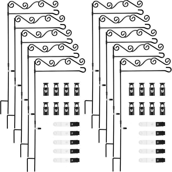 10 Pack Garden Flag Stand with Flag Stoppers and Clips, Black Powder Coated Weather Proof Garden Flag Pole Holder for Outdoor Garden Flag (Stylish Style, 15.75 x 36.22 Inch)