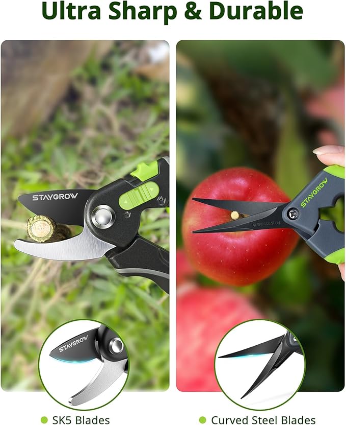 Pruning Shears for Gardening 2 Pack, 8.5" Bypass Garden Clippers and 6.5" Curved Garden Shears, Pruners with Super Sharp Stainless Steel Blades, Safety Lock, Gardening Gifts for Men Women