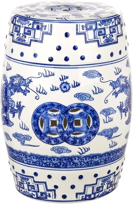 Safavieh Castle Gardens Collection Glazed Ceramic Blue Dragon's Breath Chinoiserie Garden Stool