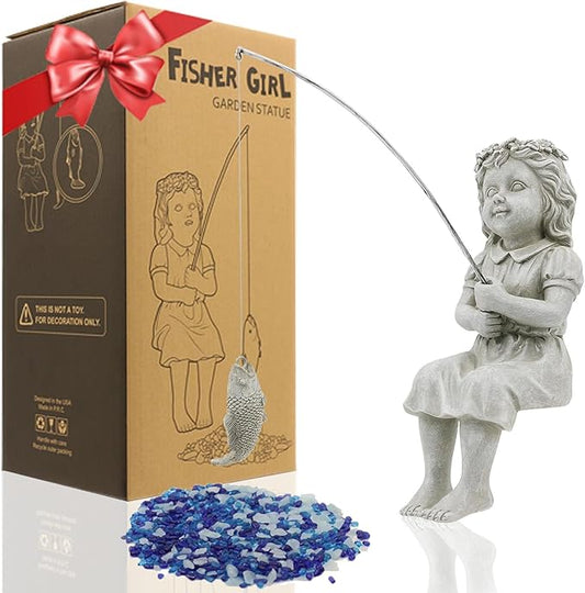 Goodeco Fishergirl Statue Garden Decor - 11" Little Fishing Guy for Koi Pond or Waterfalls, Poolside Statue with Glow in Dark Pebbles Included, Great Gifts for Mom, Women or Birthdays, Gift Ideas