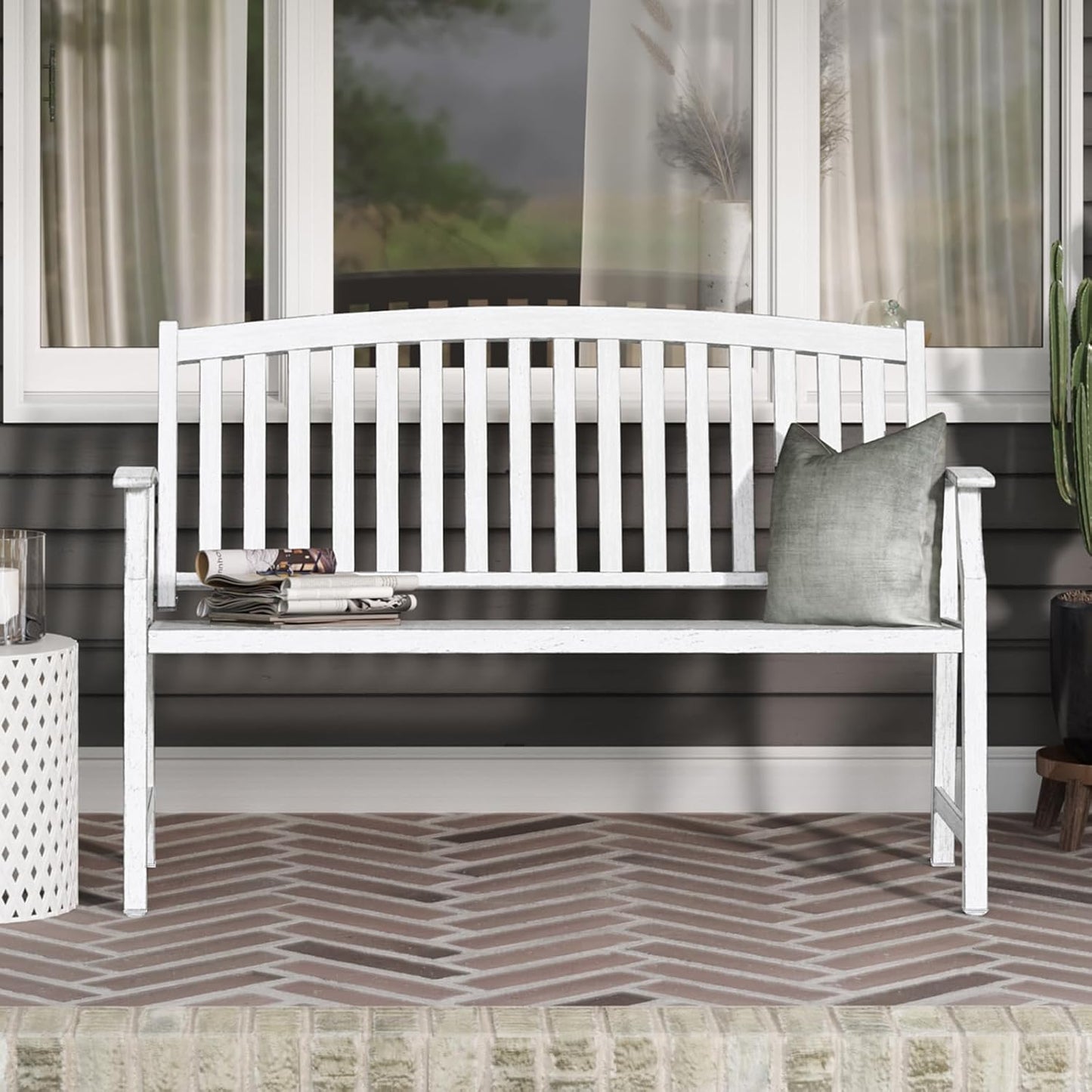 Grand patio 52" Farmhouse Outdoor Bench, Garden Benches with Rust Free Metal Powder Coated Frame and Aluminum Backrest, Faux Wood Grain Finish Frame Patio Bench for Front Porch,Gray-White
