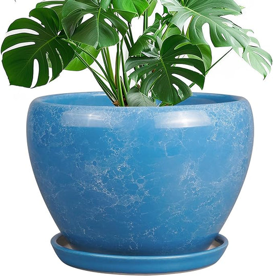 10 Inch Planter Pot - Ceramic Pots for Plants with Drainage Hole and Saucer, Round Large Flower Pot for Indoor Plants, Blue
