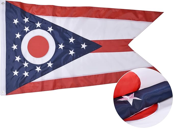 Ohio State Flag 3x5 Ft, Deluxe Embroidered Heavy Duty Polyester Durable OH Outside Flags, Indoor/Outdoor, Sewn Stripes and Brass Grommets