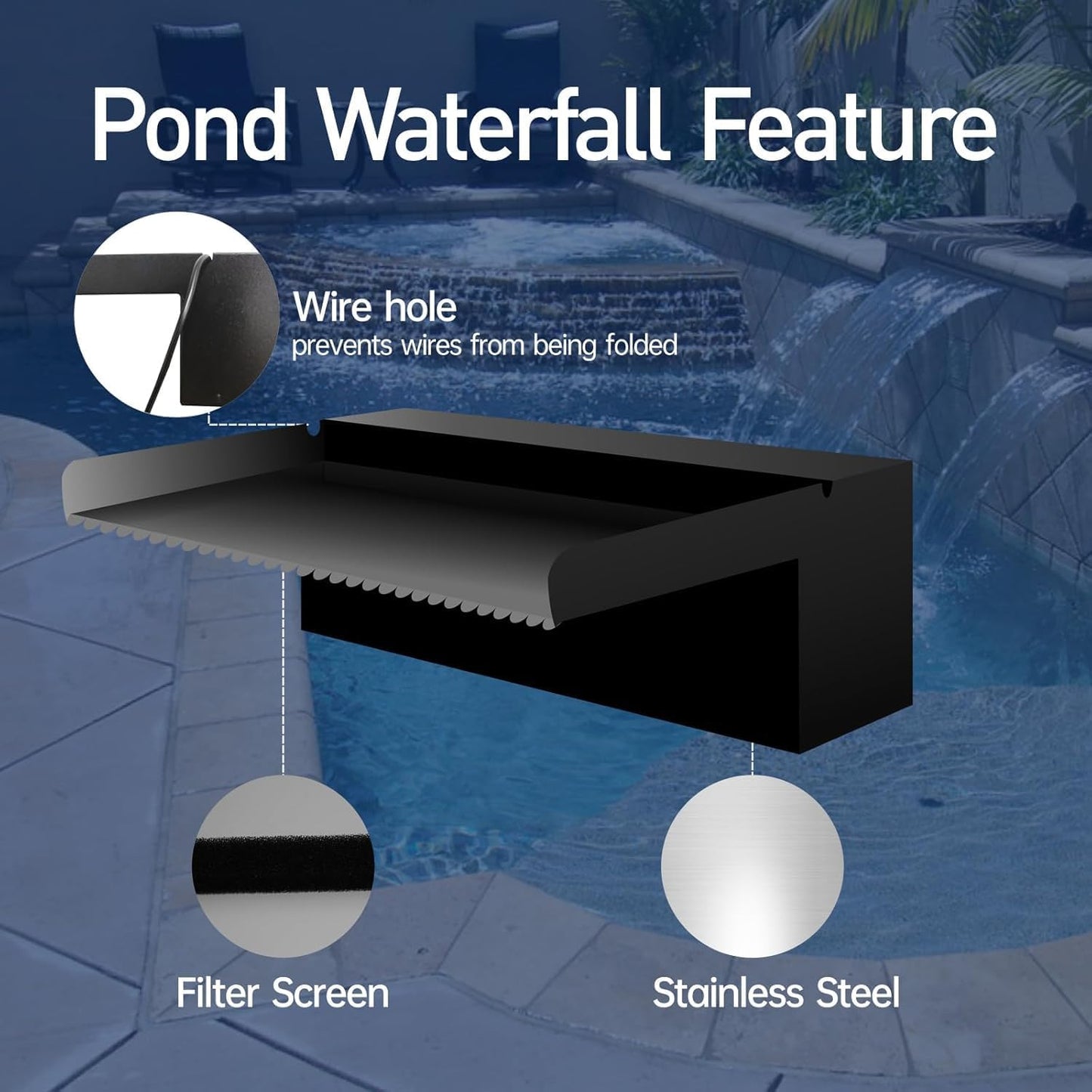 Pool Fountain Stainless Steel Pond Waterfall Spillway Kits for Indoor/Outdoor Decorative, 24 Inches Black Pool Water Feature for Garden Patio, Backyard Koi Pond Decor(No LED Light)
